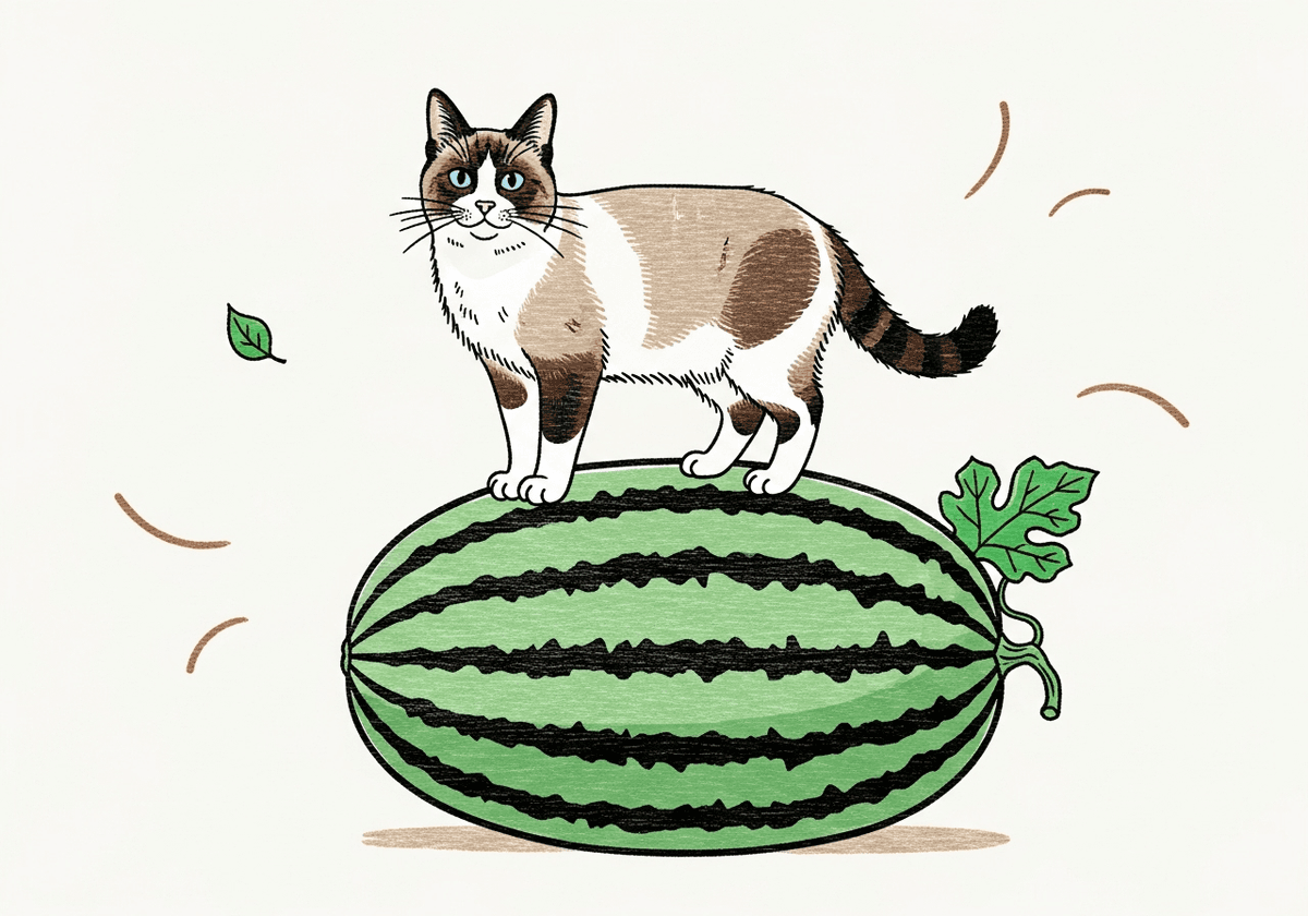 A curious cat stands on watermelon.